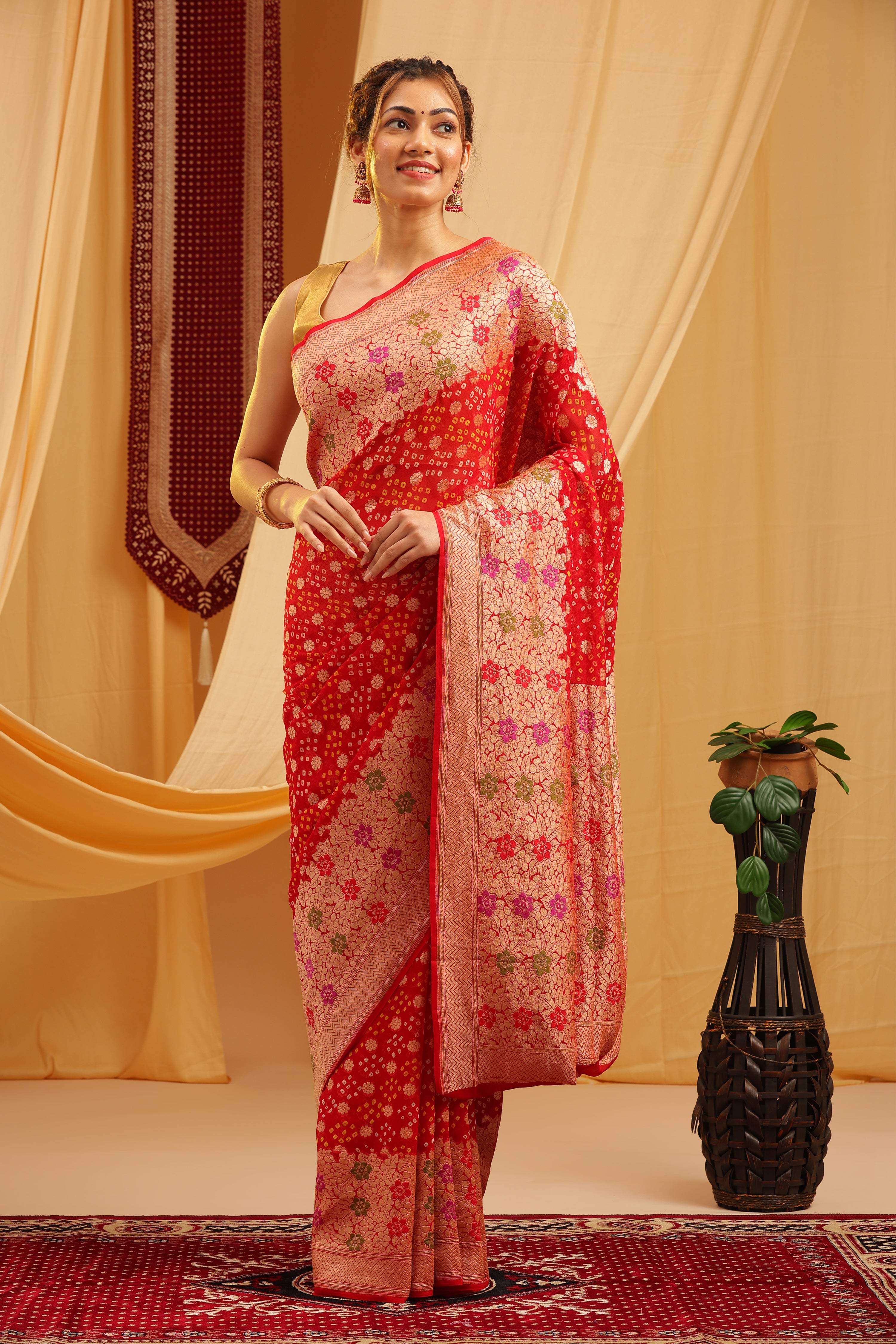 Pure Banarasi Georgette Khaddi Minakari Work Bandhej Saree - Cherry Red